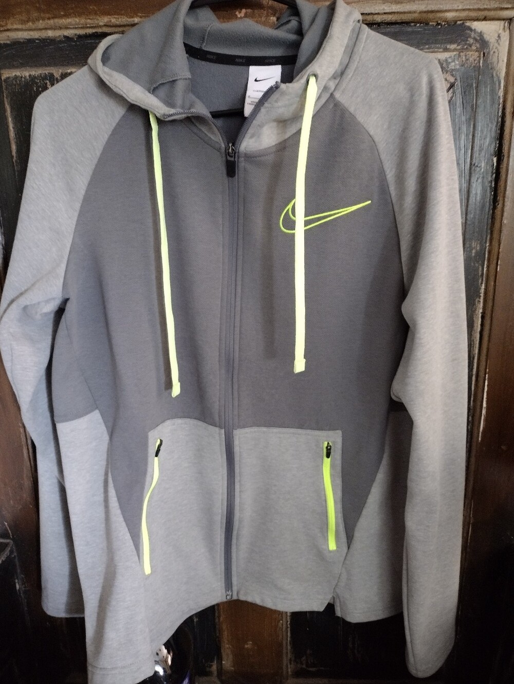 Nike Therma Fit Men's Gray Performance Zip Hoodie with Neon Yellow Accents